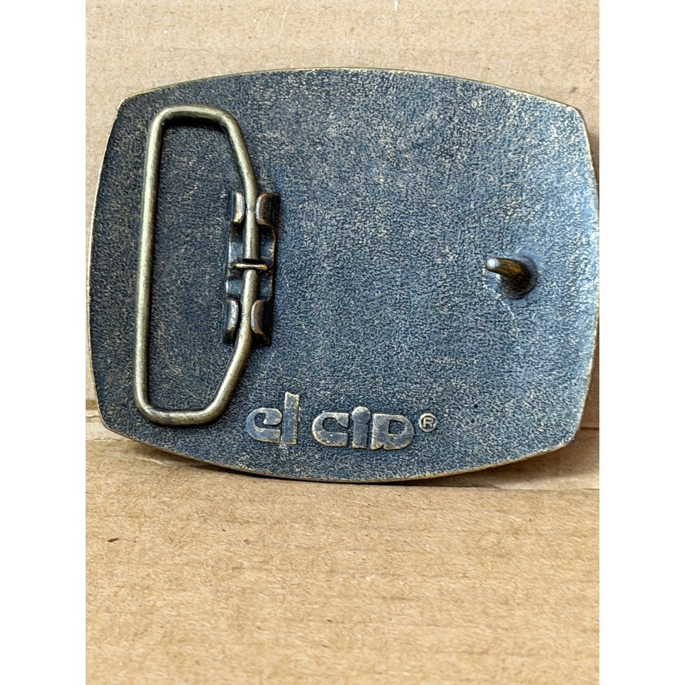 Vintage El Cid Belt Buckle Leather Inlay Geometric Checkerboard Brass Tone 3in - Picture 4 of 5